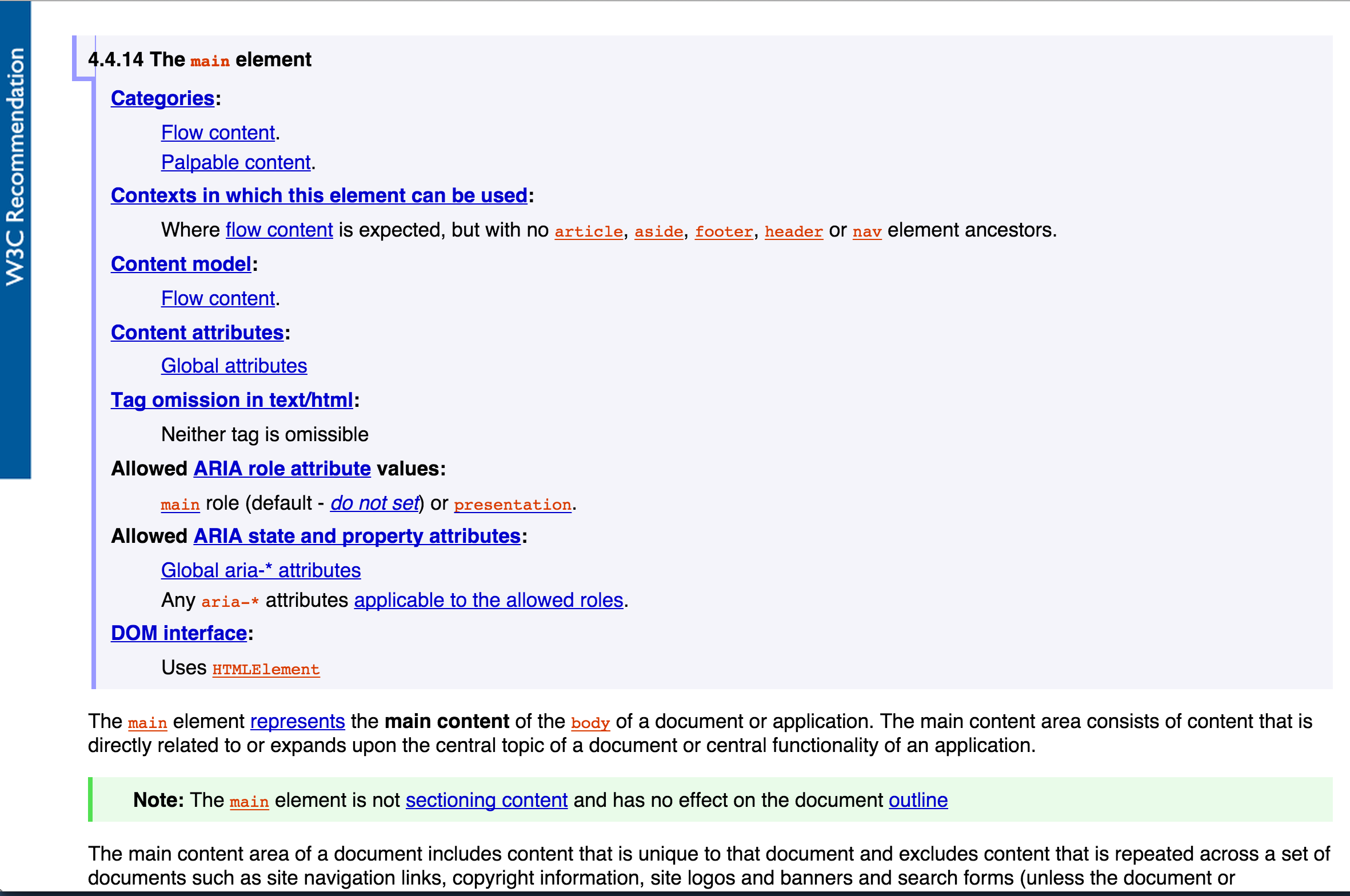 Graphical browser rendering of main element section of W3C HTML 5 Specification