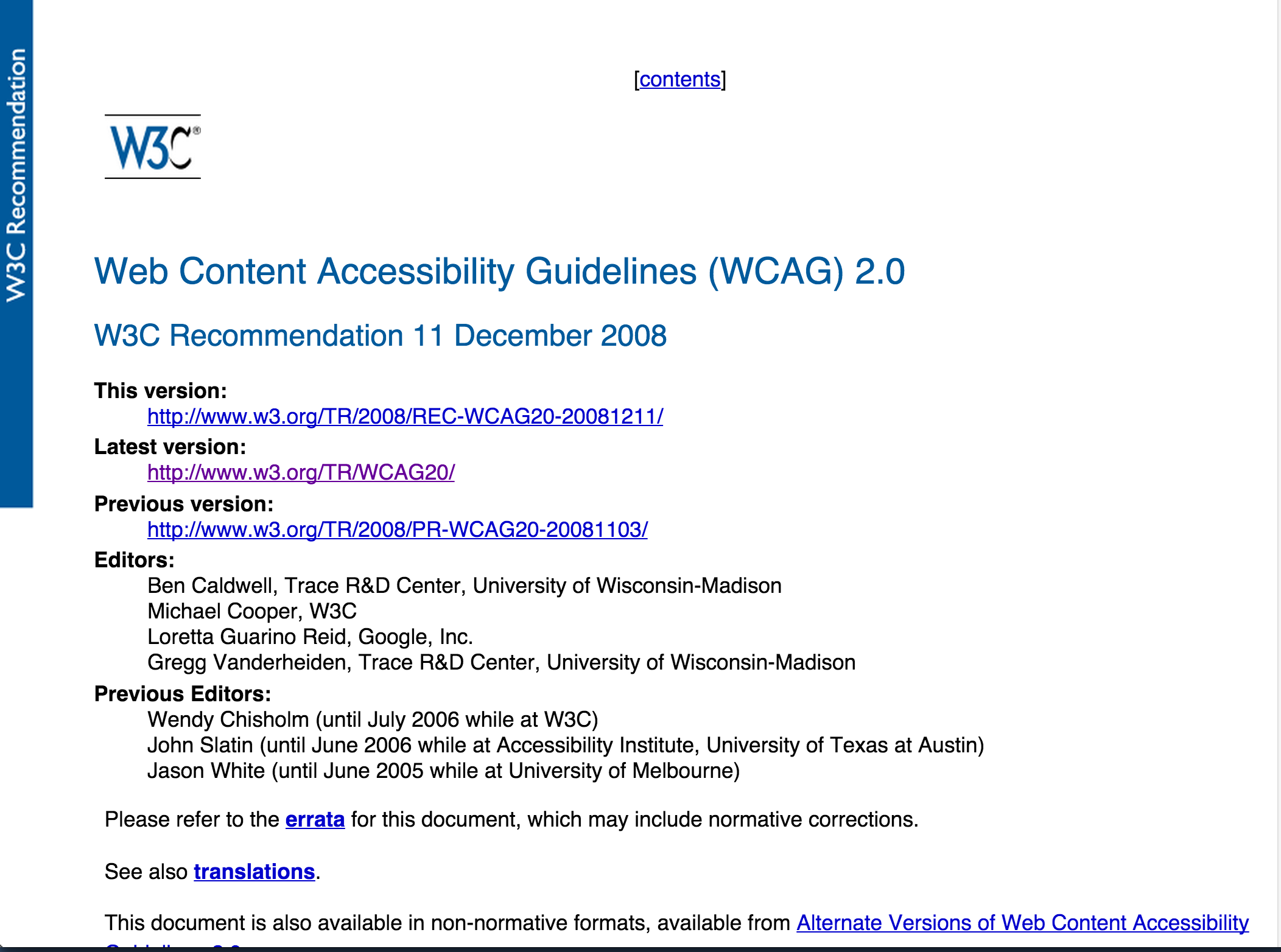 Graphical browser rendering of title portion of WCAG 2.0 Guidelines